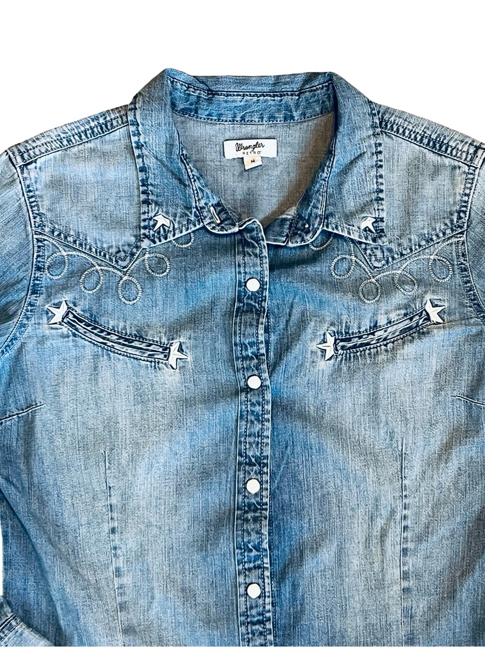 Wrangler Retro Women’s Sz M Denim Western Shirt Embroidered Pearl Snap - Picture 5 of 13